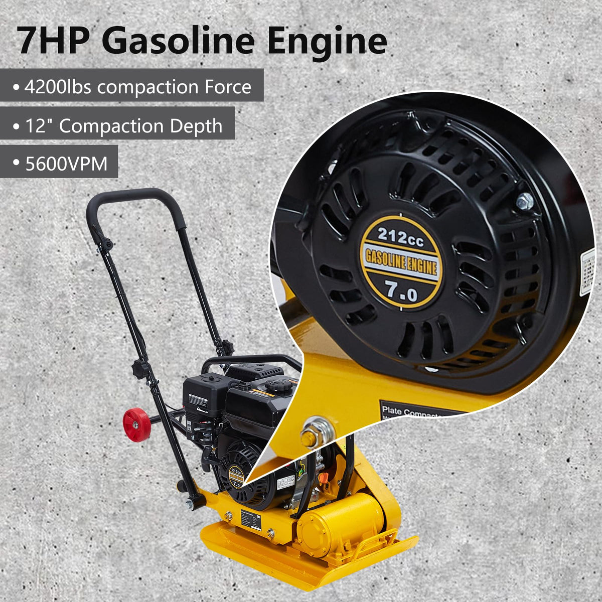 7HP Plate Compactor, Plate Compactor Tamper with 212cc Gas Engine 5,600 VPM, 4200 Lbs Force Vibratory Compaction Tamper with 22.1 x 15.9 Inch Plate for Walkways, Patios, Asphalts, Paver Landscaping