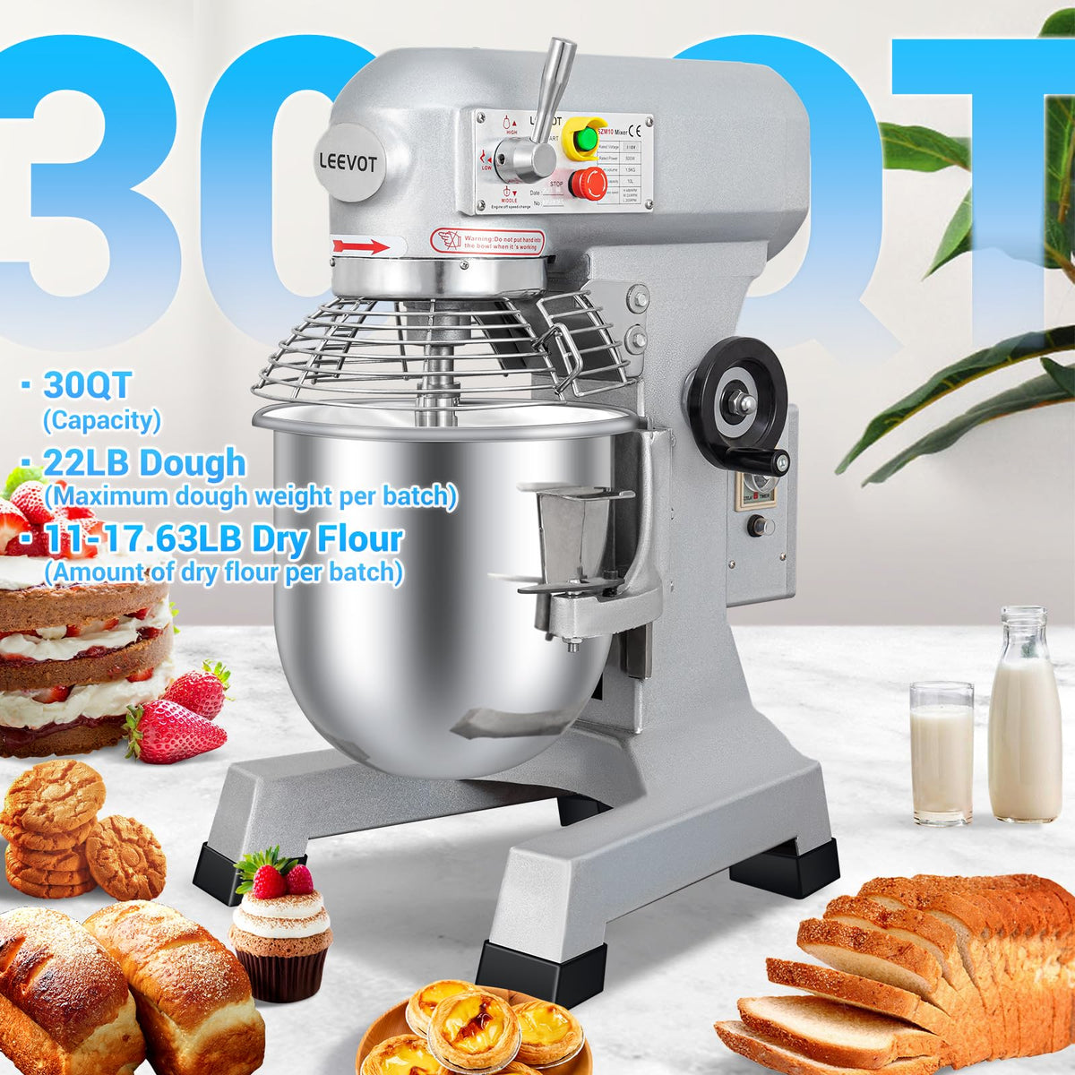 LEEVOT 30 Qt 1250W Commercial Food Mixer, Commercial mixer 3 Speeds Adjustable Heavy Duty Stand Mixer with Stainless Steel Bowl for Bakery Pizzeria.