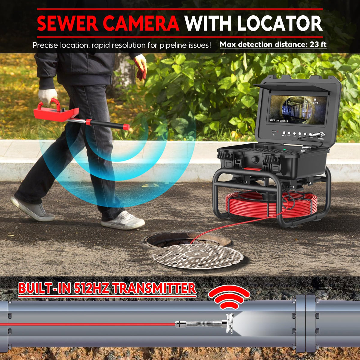 Sewer Camera with Locator 165ft, 7mm Cable Self Leveling Drain Cameras with Distance Counter, Plumbing Camera Snake with Light, 10.1'' HD Pipe Line Borescope Inspection Cam w/DVR (Keyboard Input)