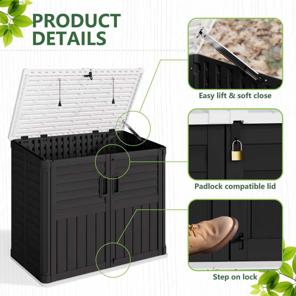 Greesum Outdoor Trash Can Storage Shed, 34 Cu.ft Horizontal Outdoor Storage Cabinet, Waterproof for Garden, Pool Storage, Garbage Cans, Black