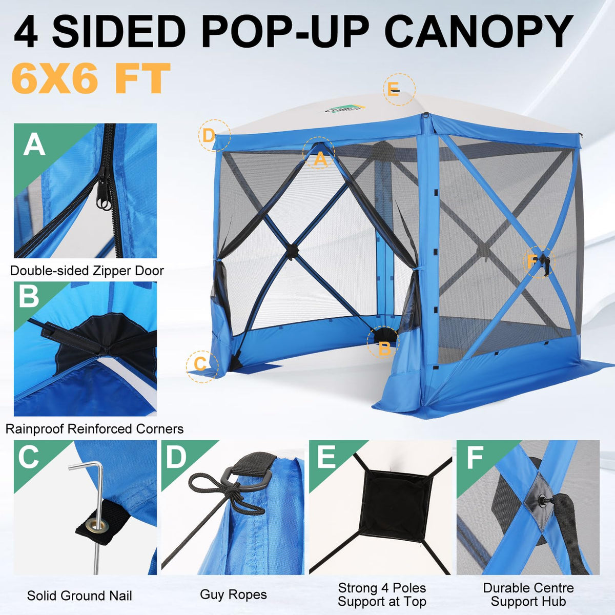 COBIZI 6x6 FT Pop up Gazebo, Popup Canopy Tent, Screened in Gazebos with sidewalls, Waterproof Portable Outdoor Small Screen Tents Sun Shelter,carpas para Patio for Camping, Garden and Backyard,Blue