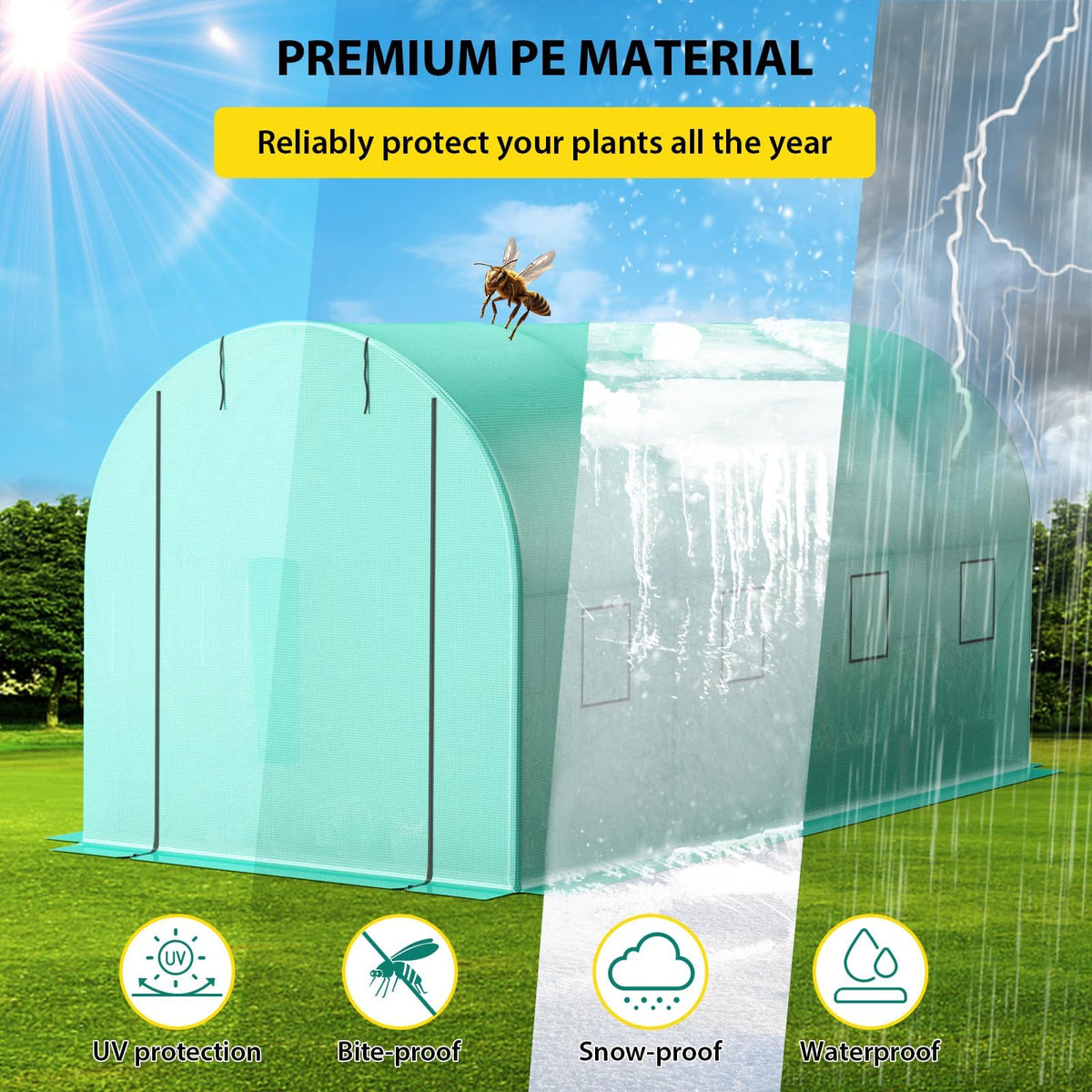 7*15*7FT Walk-in Greenhouse, Portable Walking in Tunnel Tent, Walking in Tunnel Tent with Galvanized Pipe, 2 Roller Zippered Door & 8 Screen Windows, Greenhouses for Outdoors (Bottom widening Design)