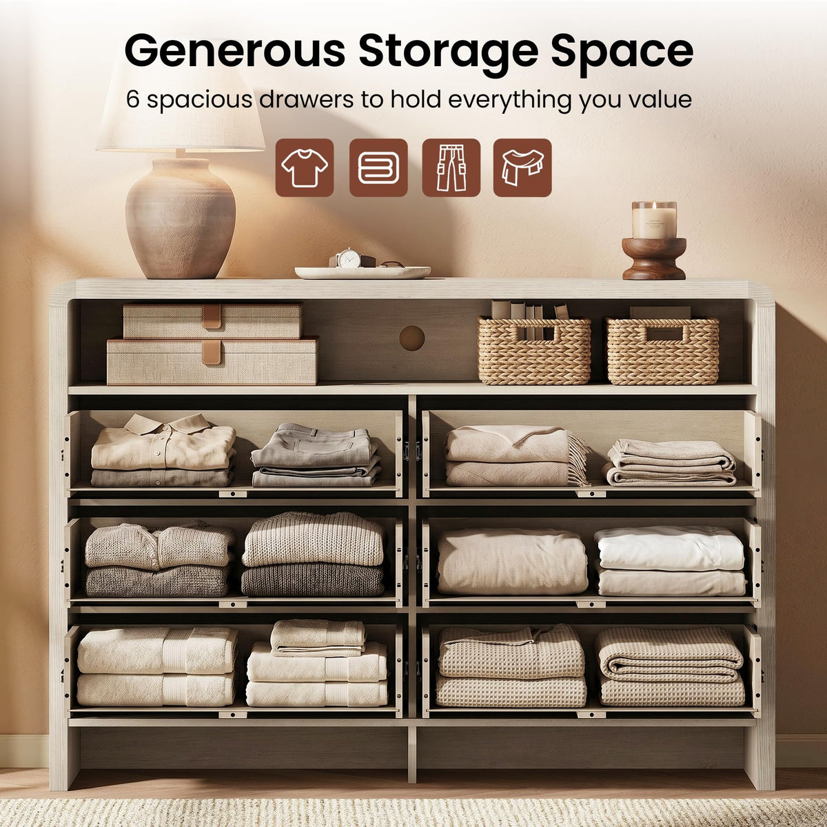 ModernMate 6 Drawer Dresser with Open Shelf, 53.2" Wide Fluted Dresser for Bedroom, Wood Chest of Drawers, Modern Storage Cabinet with Metal Handles, Anti-Tip Clothes Organizer, White Alder