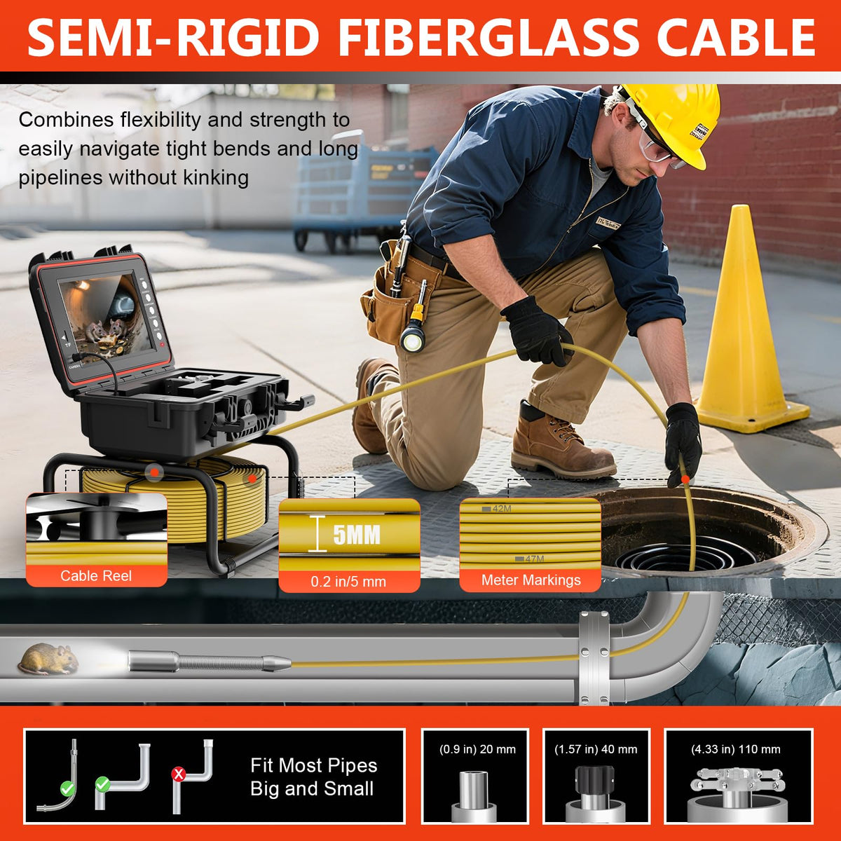 Sewer Camera with 512Hz Transmitter, Self-Leveling Drain Camera 100ft with Meter Counter, 9" HD Plumbing Camera Snake with 12 LED Lights, 5100mAh Battery, IP68 Waterproof, 32GB DVR for Pipe Inspection