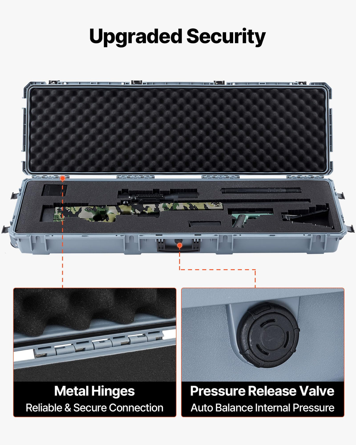 VEVOR Rifle Case, Hard Rifle Case with 4 Layers Fully-protective Foams, 52 inch Lockable Long Storage Case with Wheels, IP67 Waterproof & Dustproof, Grey
