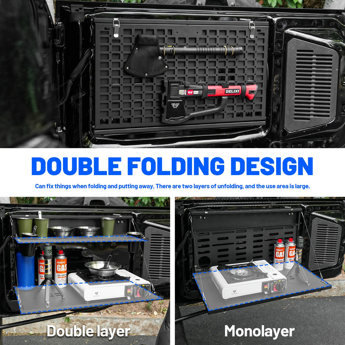 2-Tier Tailgate Table Molle Panel Compatible with Ford Bronco 2021-2025 Foldable Rear Storage Cargo Rack Shelf Camping Desk(Not Fit Bronco Sport)