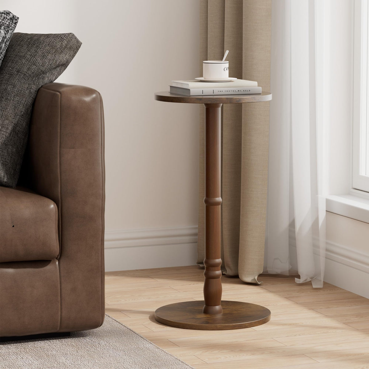 Homleke 12" Round Side Table, Solid Wood Pillar with Wood Top & Base, Small Drink Accent Table for Living Room, Bedroom, Sofa & Office, Easy Assembly, Rustic Brown