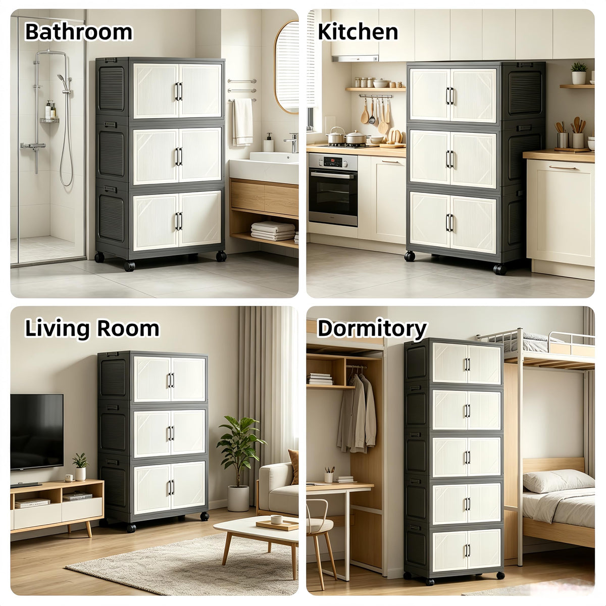 5 Tier Foldable Storage Cabinet with Top Lid, Tall Mobile PP Storage Organizer with Magnetic Doors and Wheels, Space-Saving Collapsible Organizer for Bedroom Living Room Kitchen Pantry Bathroom