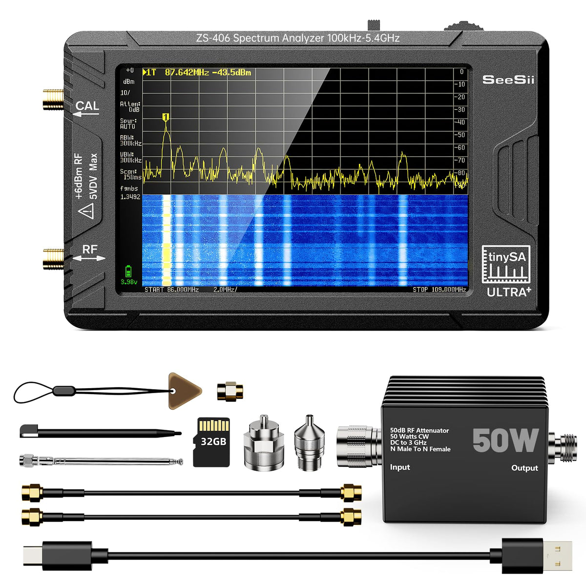 SeeSii TinySA Ultra+ ZS406 Spectrum Analyzer with 50W Attenuator, 4.0 Inch 100kHz to 5.4GHz Handheld Tiny Frequency Analyzer with 32Gb Card,100kHz to 800MHz MF/HF/VHF UHF Input, 2025 Upgraded