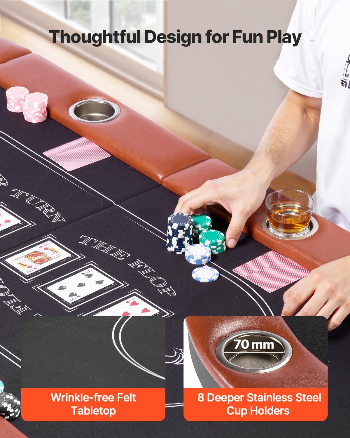 VEVOR Foldable Poker Table, 8 Player 72 in Folding Casino Leisure Table with Padded Rails and Cup Holders, Oval Portable Game Tables with Felt & Metal Legs, for Texas Hold'em Game and Blackjack