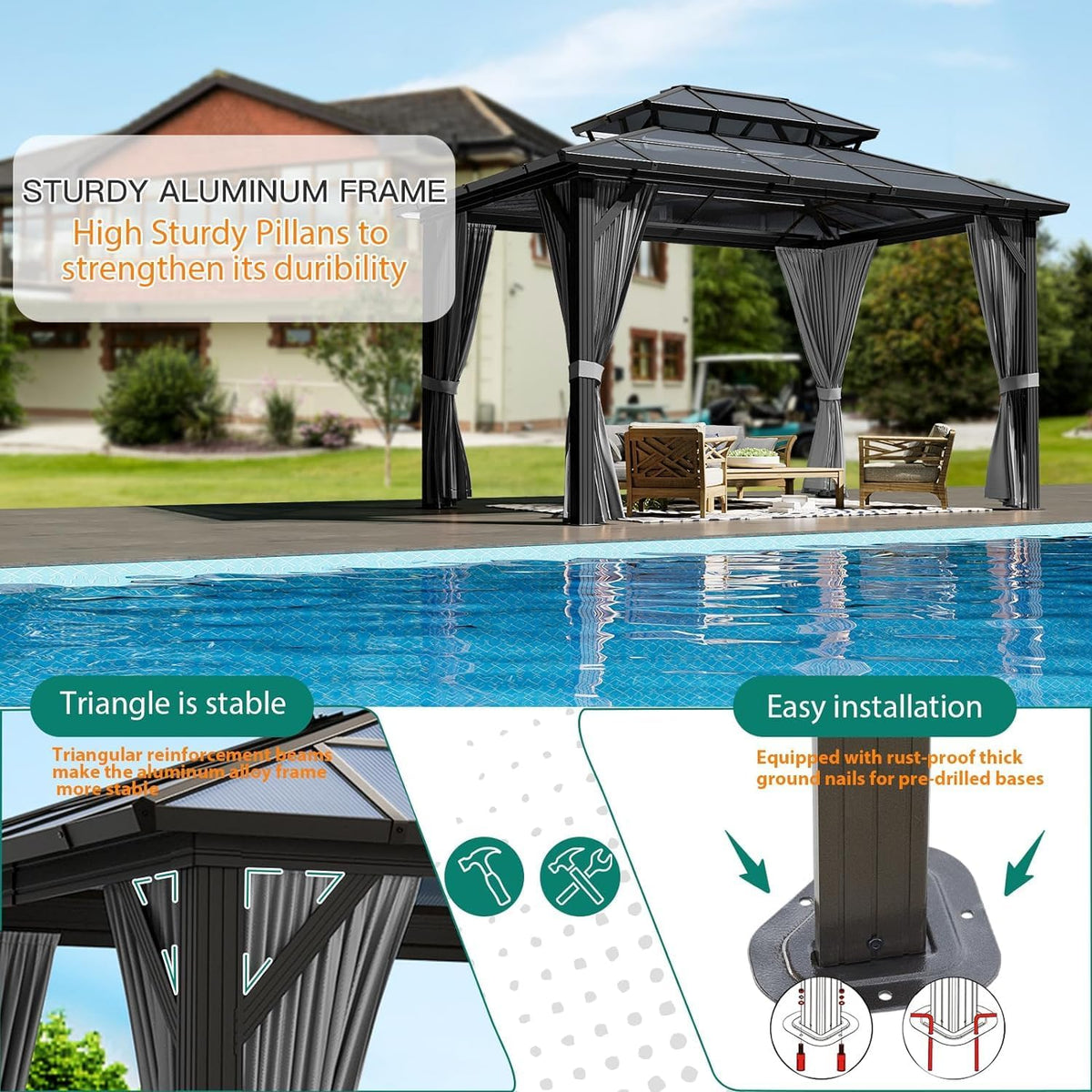 GAOMON 10'x13' Hardtop Gazebo, Outdoor Polycarbonate Double Roof Canopy, Aluminum Frame Permanent Pavilion with Curtains and Netting, Sunshade for Garden, Patio, Lawns (Gray)
