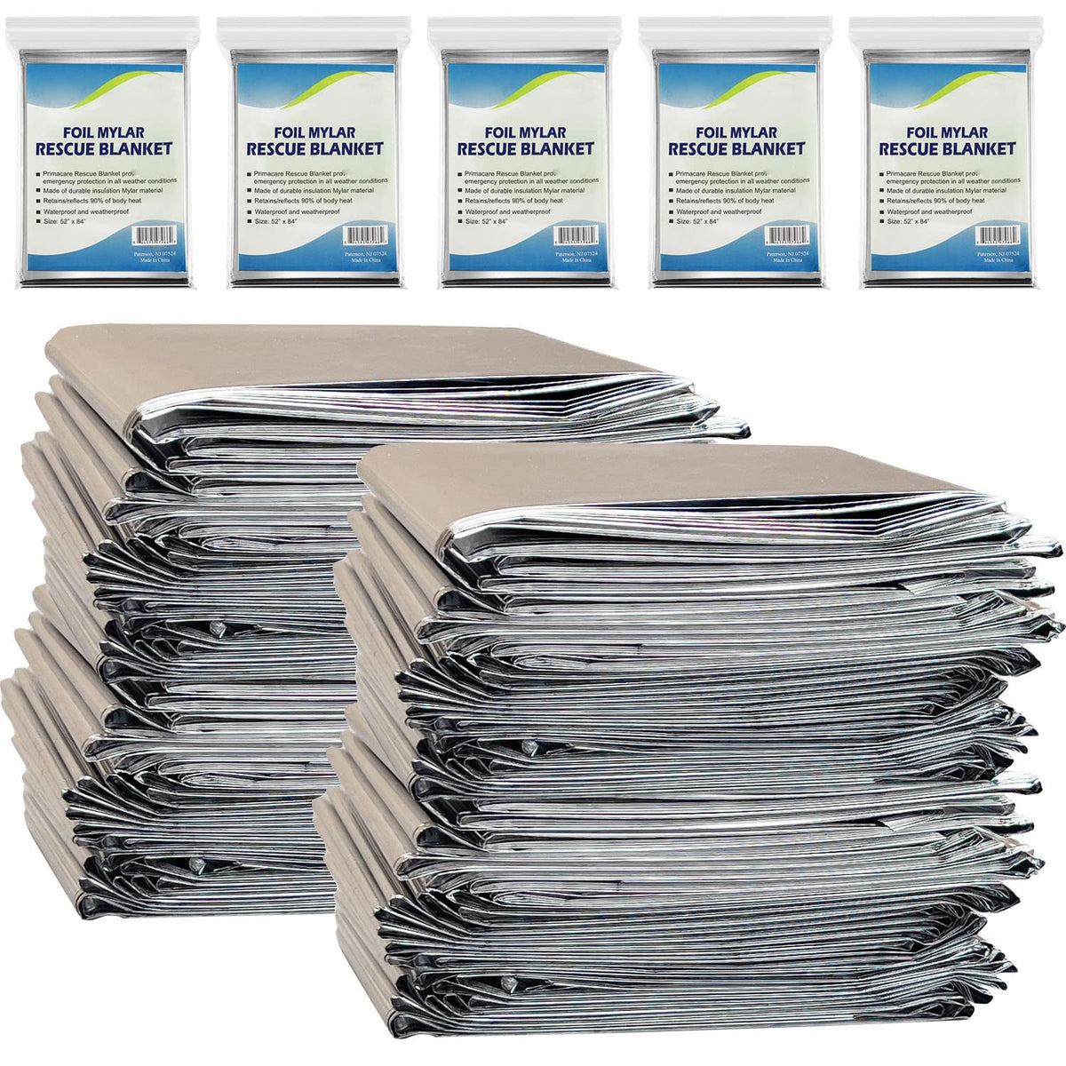 NOVAMEDIC Emergency Mylar Foil Thermal Blankets - Pack of 200, 84"x52", Individually Wrapped, Waterproof Survival Blanket for Camping, Outdoors, First Aid Kit & Travel, Lightweight & Compact, Silver