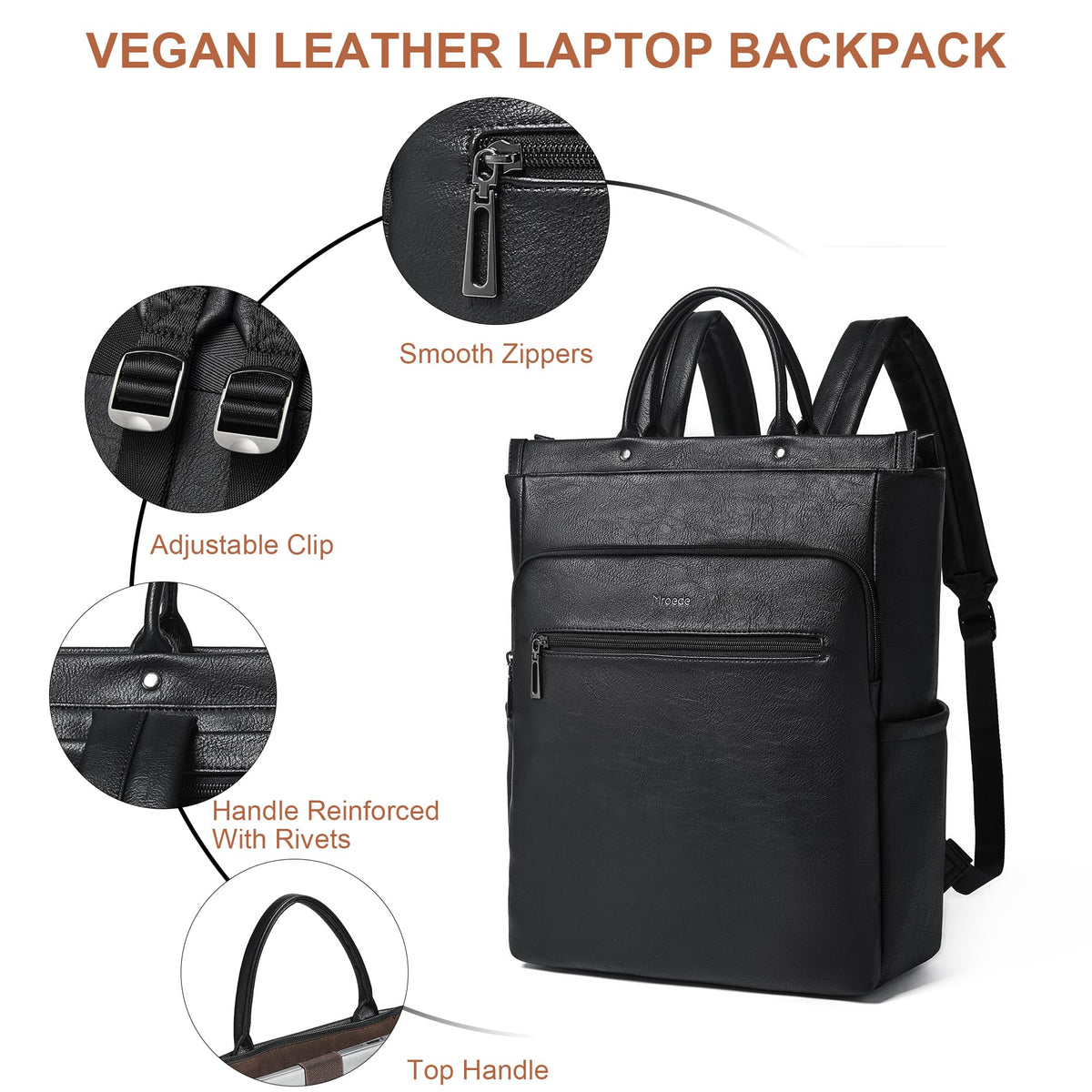 Mroede Leather Laptop Backpack for Women, Travel Backpack Purse Fits 15.6 Inch Laptop, Casual Daypack with Laptop Compartment for Men Teachers College Work Business Nurse Weekender, Black