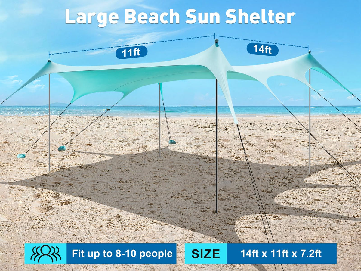 Beach Tent Sun Shelter 14 x 11FT, UPF50+ Protection Beach Shade Canopy with 8 Sandbags, Sand Shovel, Ground Pegs & Stability Poles, Beach Canopy for Camping, Fishing, Picnics, Trips