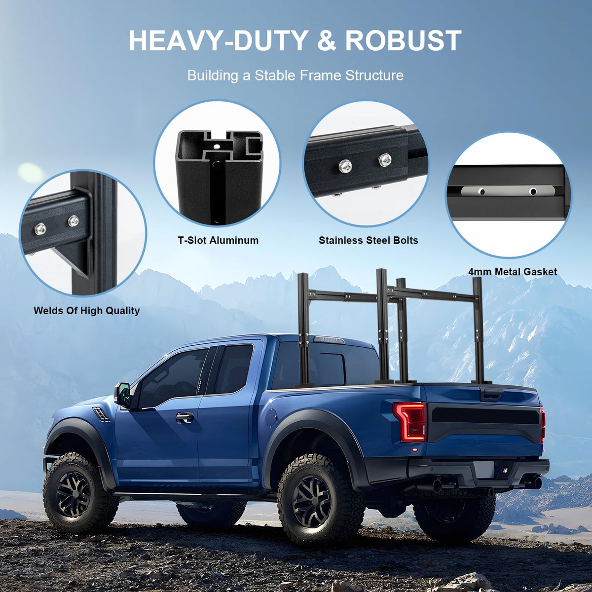 LMYYGOO Adjustable Truck Ladder Rack, Universal Trailer Rack - Width & Height Adjustable Aluminum Rack with 800LB Capacity & 2 Straps for Lumber, Ladders, Kayak