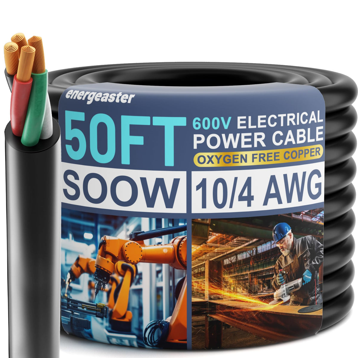 50FT 10/4 SOOW Portable Power Cable-10 Gauge 4 Conductor-10AWG 600V 30A Bulk Cable Water & Oil Resistant Electric Wire for Welder,Generator,Motor Lead,Circuits,EV Car Charger,Heat Pump,Light(ETL)