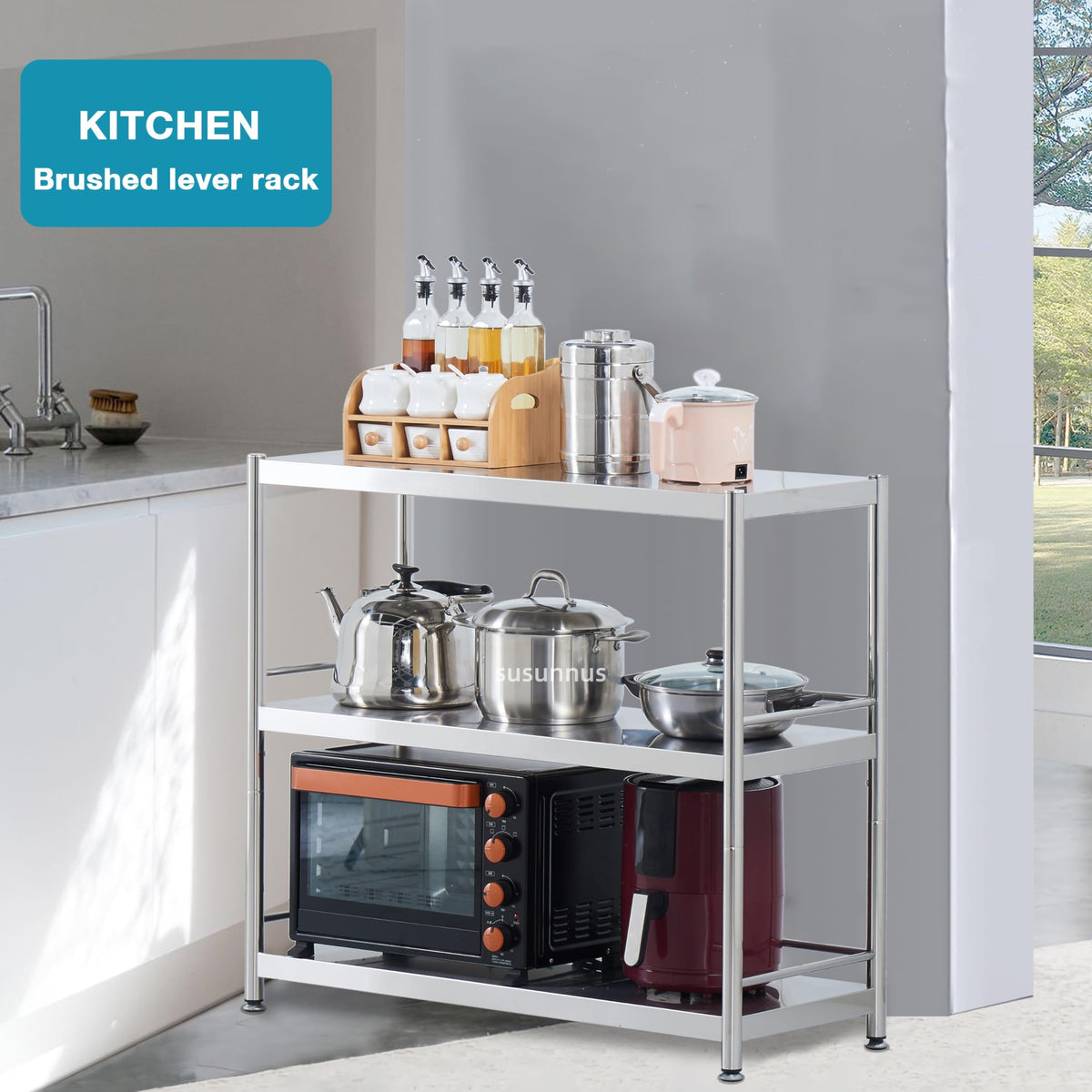 susunnus Stainless Steel Shelves 3 Tier Storage Shelves for Kitchen Garage Shelves Heavy Duty Shelving Metal Shelving Units and Storage Kitchen Industrial Storage Rack(with Guardrails)