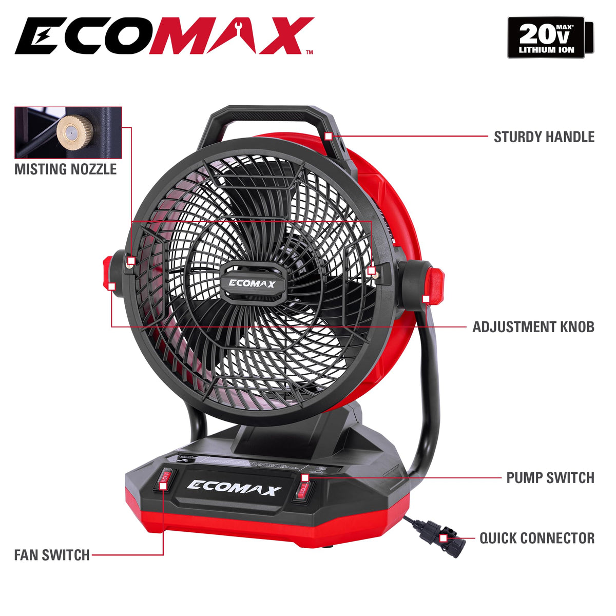ECOMAX 12" AC/DC Bucket Top Misting Fan, Cordless with 2x20V Batteries & 2A Charger, 2-Speed Airflow & 2-Speed Mist Cooling Fan for Outdoor, Patio, Camping, Fits for 5-Gallon Bucket & Garden Hose