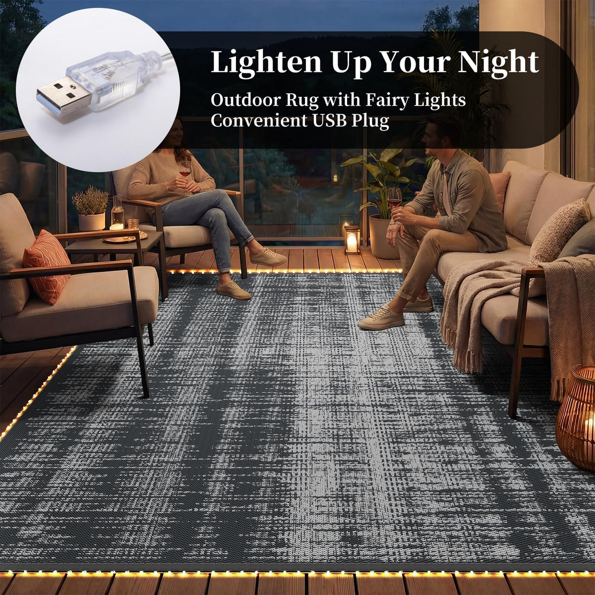 MontVoo Outdoor Rug Waterproof 9x12 ft with Strip Lights Outdoor Patio Rug Mat Reversible Plastic Straw Rug Outside Outdoor Rug for RV Camping Picnic Balcony Backyard