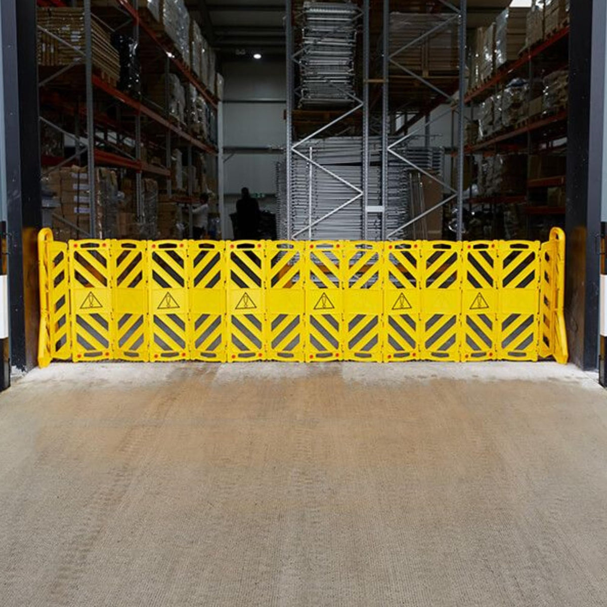 Pittman 13 ft GHP Expandable Mobile Barricade, 40" High Portable Yellow and Black Plastic Safety Gate Barrier with Hazard Markers, Braking Caster Wheels and Built-in Clip-in Straps (727320)