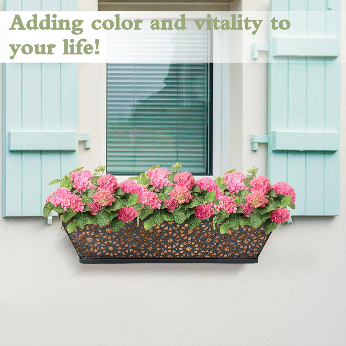 ZVOWOS Black Metal Railing Planter Window Box (2 Pack, 24 Inch) Horse Trough Planter with Coco Fiber Liner Deck Balcony Rail Planters for Porch Fence Patio Outdoor Garden Décor
