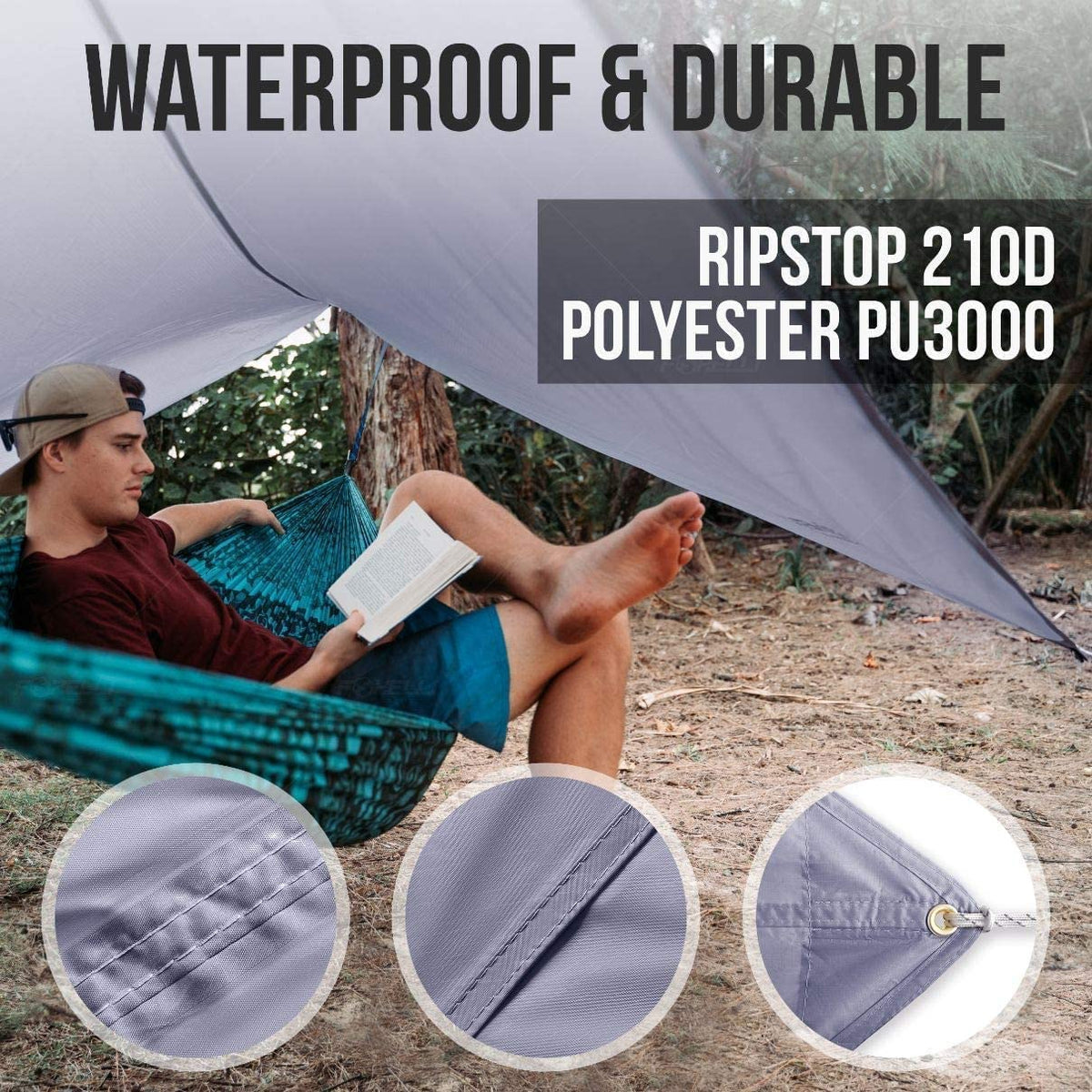 Foxelli Hammock Camping Set – Bundle Includes Camping Hammock, Rain Tarp, XL Tree Straps & Hammock Net