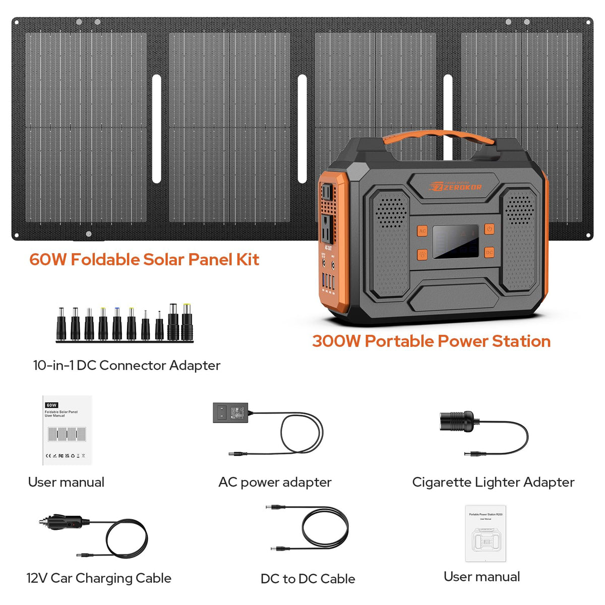 Portable Solar Generator, 300W Portable Power Station with Foldable 60W Solar Panel,110V Pure Sine Wave 280Wh Battery Power Pack with USB DC AC Outlet for Camping Smart Devices RV Van Outdoor-Orange