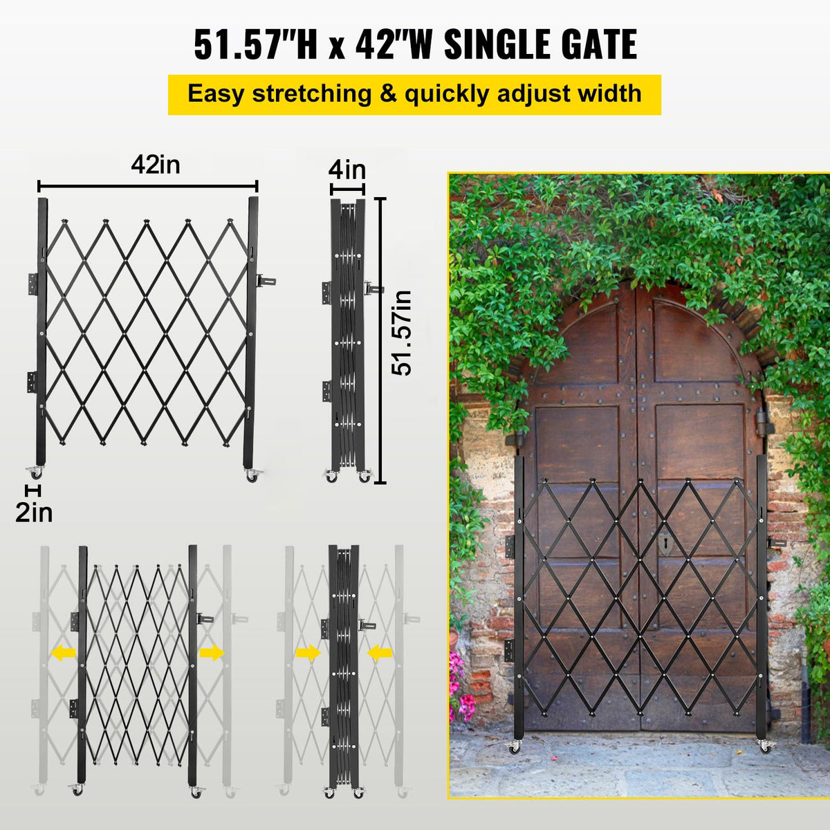 VEVOR Single Folding Security Gate, 51.57" H x 42" W Folding Door Gate, Steel Accordion Security Gate, Flexible Expanding Security Gate, 360° Rolling Barricade Gate, Scissor Gate or Door with Padlock
