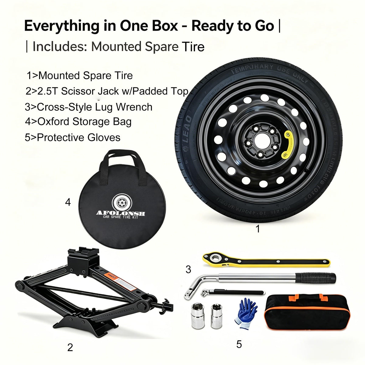 Afolonsh Spare Tire Kit Compatible with 2023-2026 Toyota Corolla Cross (Including Hybrid)| 145/85R18 Spare Wheel on 18x4 Rim 5x114.3 Bolt Pattern | Includes Car Jack Kit & Tire Carrying Case