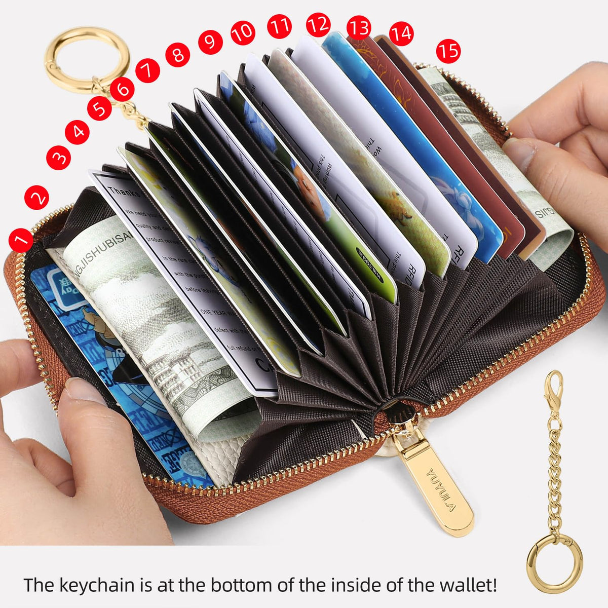 YUYULA Lether Women Credit Card Wallet, Zipper Business Card Holder for Women, RFID Blocking, KeyChain Wallet (Beige With Brown)