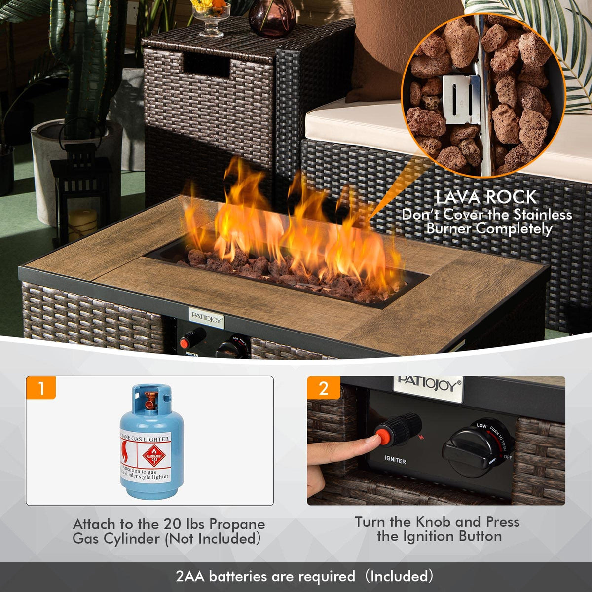ARLIME Outdoor Propane Fire Pit Table, 40,000 BTU Propane Fire Pit Table with Tank Cover, Waterproof PVC Cover, Free Lava Rocks, Lid, Rectangular Fire Pit Table Set for Outside, Garden, Yard, Brown