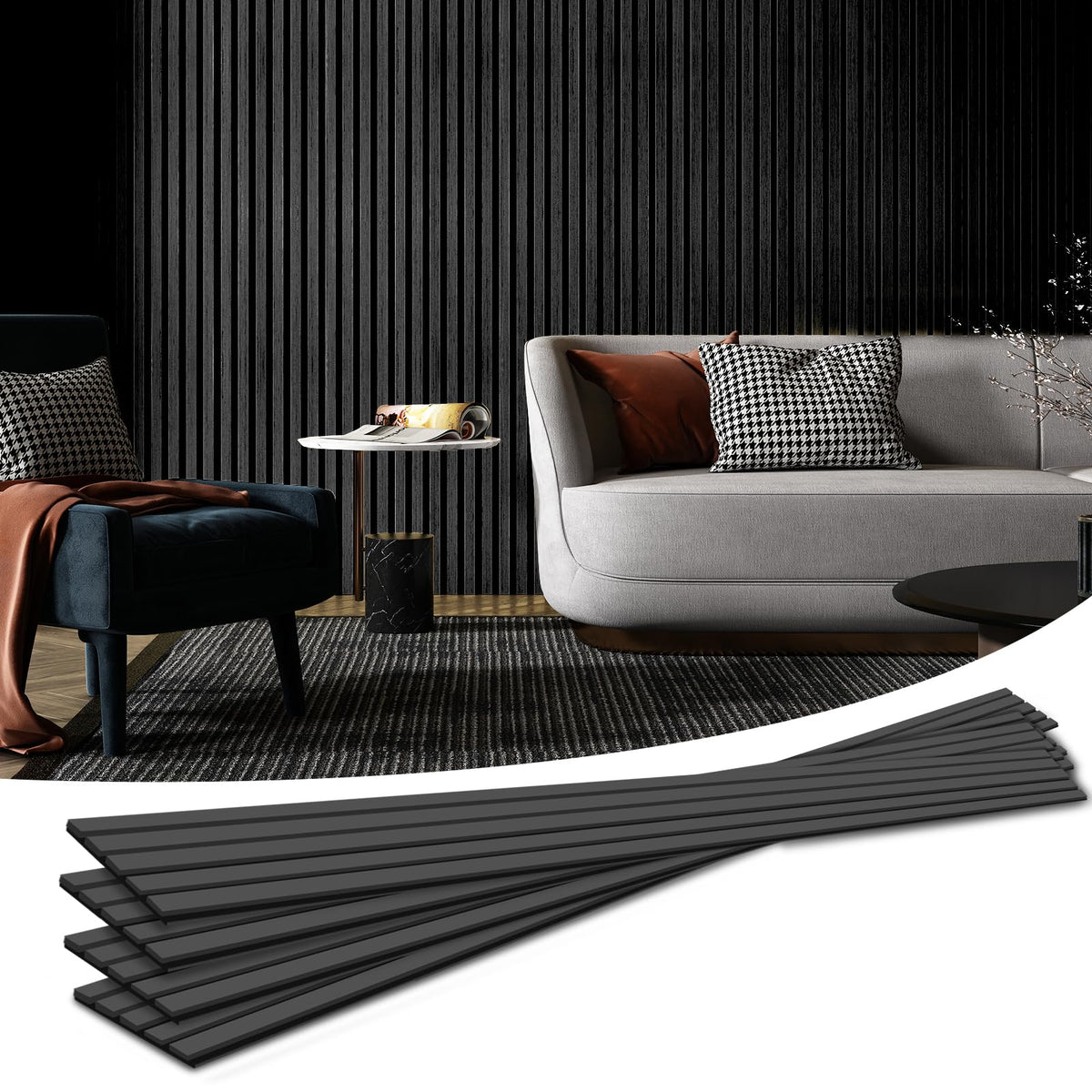 Art3d 4pcs-107 x 8in Slat Acoustic Panel for Wall and Ceiling, 3D Fluted Sound Absorbing Panel with Wood Finish, Black