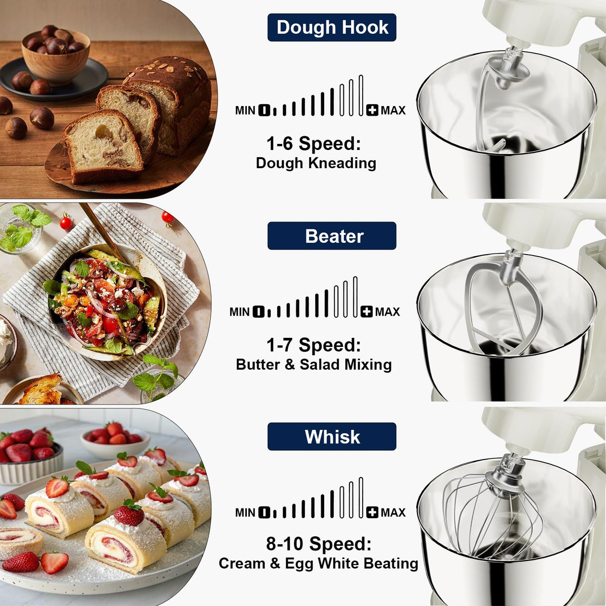 Camic Stand Mixer, 4.2QT+5.3QT Two bowls Electric Food Mixer, 10 Speeds with Digital setting 3-IN-1 Kitchen Mixer for Baking Cakes Cookie Bread Salad with Egg Whisk,Dough Hook,Flat Beater (White)