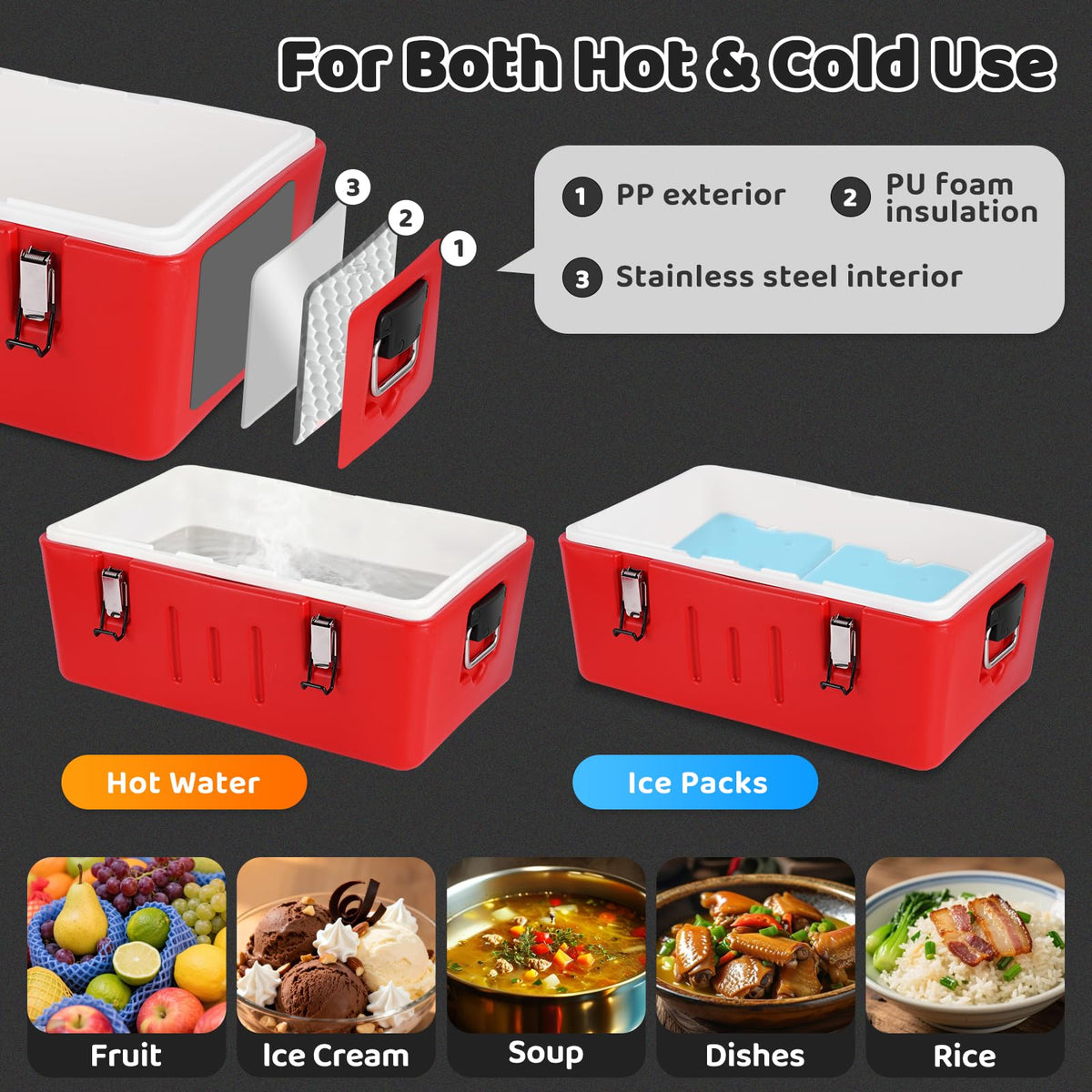 Tragaomx Insulated Food Pan Carrier Cold/Hot Food Buffet Server 27Qt Storage Box With Roll Top Lid & Buckles Warmer Box For Catering Restaurant Buffet