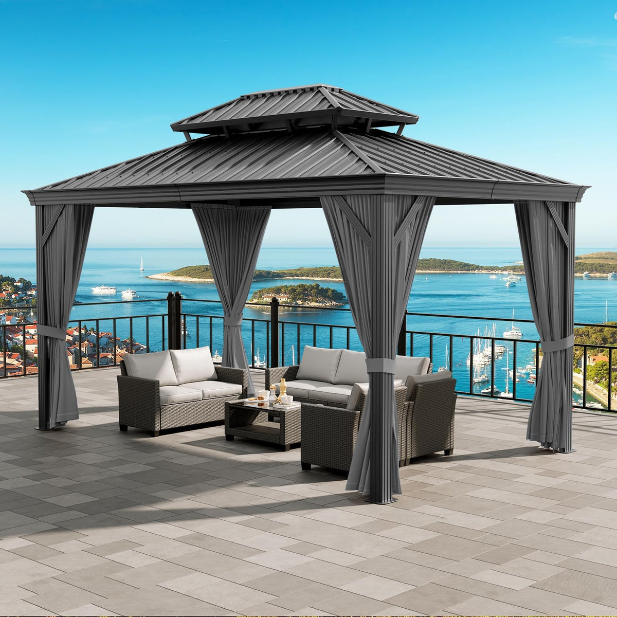 GAOMON Heavy Duty Aluminum Hardtop Gazebo with Double Roof – Mosquito Netting & Privacy Curtains – All-Weather Outdoor Pavilion for Patio, Garden, Deck, Backyard – Black Spray, Gray Cloth, Black Mesh,