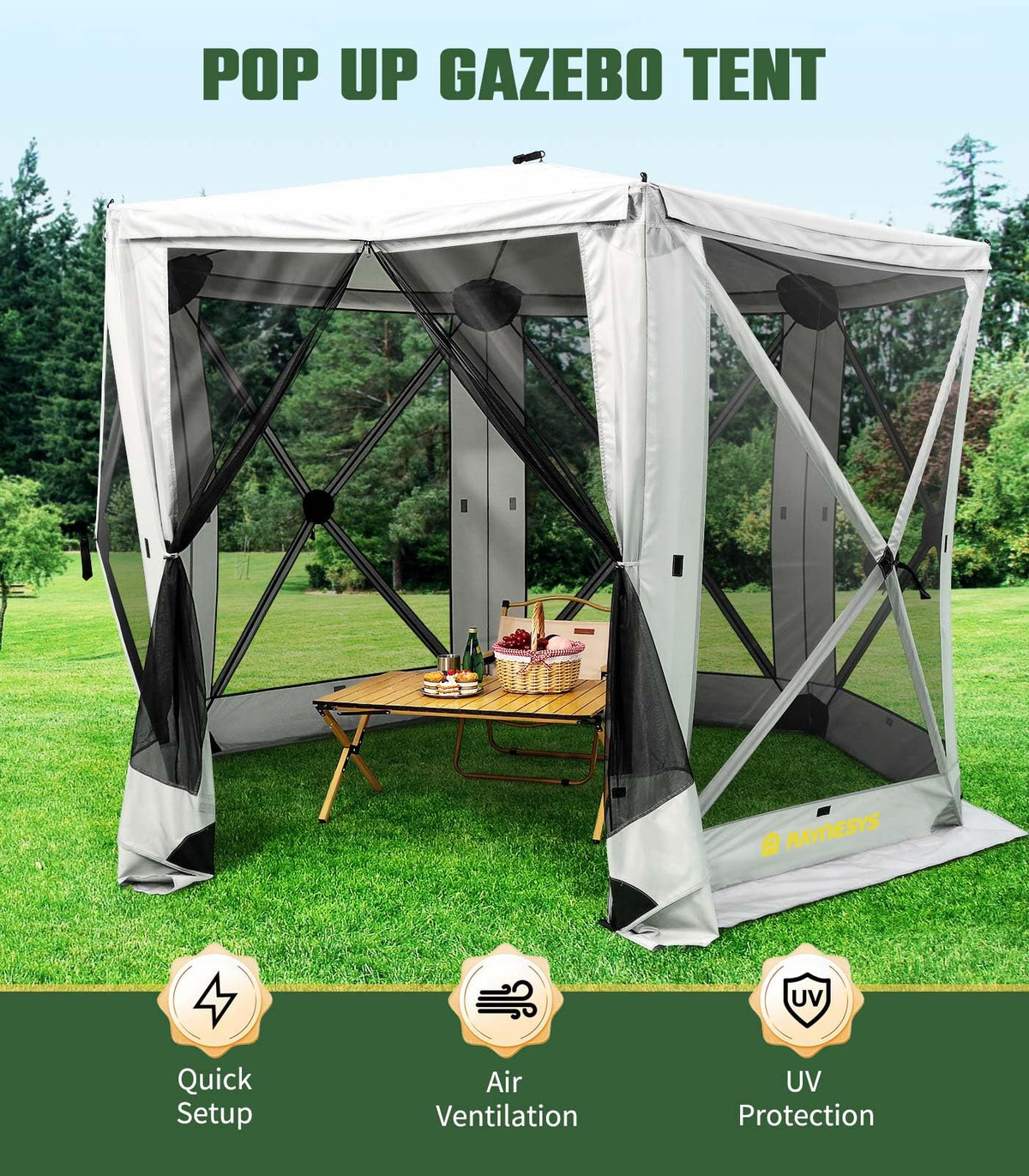 Raynesys 6 Sided Pop Up Gazebo Tent, Outdoor Gazebo with 6 Removable Wind Cloths, Pop-Up Canopy Shelter with Mesh Windows, Quick Set, 12x12 Feet Space, Camping Screen Tent for 8-12 Person Foldable
