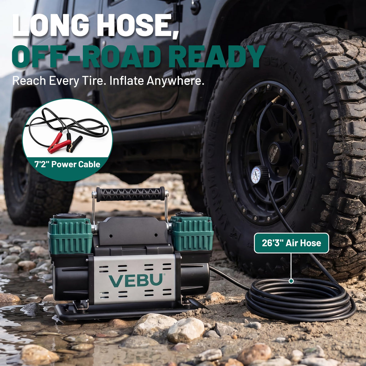 VEBU Heavy Duty Air Compressor 12V Tire Inflator, Dual Cylinder 125PSI with In-line Pressure Gauge, 10.6CFM Fast Inflation for Off-road Vehicles, Trucks, SUVs, RVs, ATVs, DC Power, Corded Electric