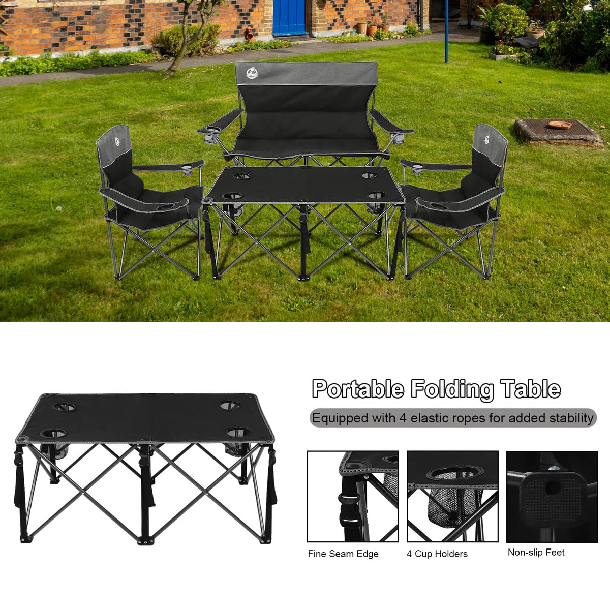 Northroad Folding Camping Chair Set of 4, Portable Collapsible Conversation Set w/1 Sofa, 2 Single Chairs, 1 Table for Family Patio, Outdoor Travel,Beach(Black)