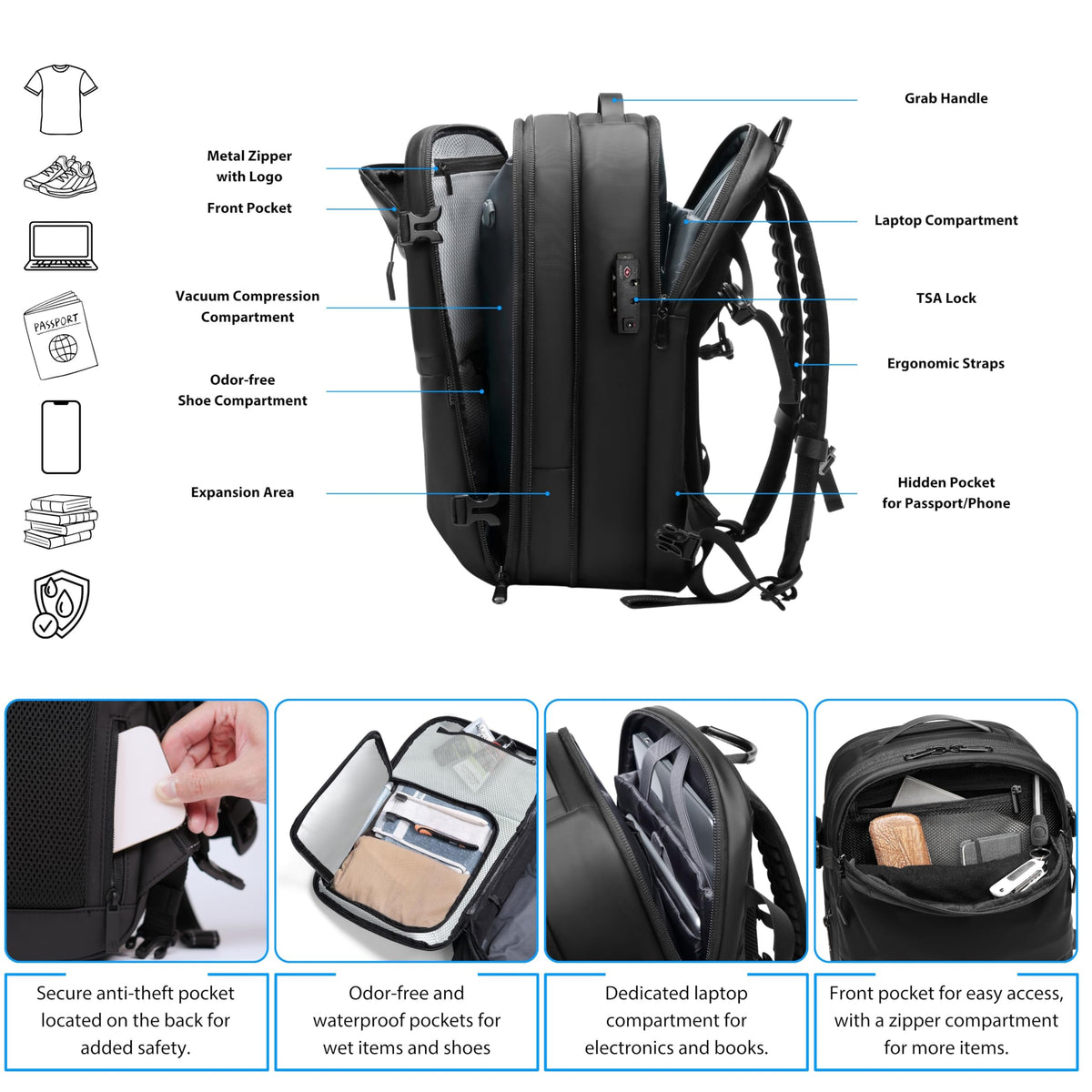 MEGABACK Vacuum Backpack Travel with Pump, 60L Expandable Airbag Travel Backpack, Travel Backpack with Vacuum System, TSA Lock, USB Charging Port, Water Resistant