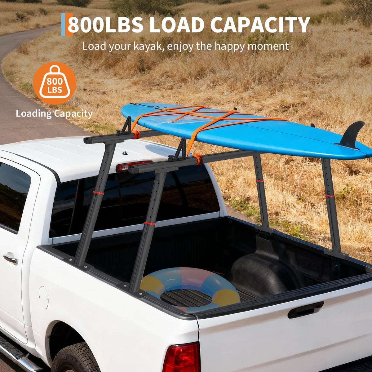 Adjustable Aluminum Truck Ladder Rack 35.4–71 in, 800 LB Heavy-Duty Pickup Bed Cargo System with Drilling Mount for Kayak, Surfboard, Lumber & Work Equipment - Black