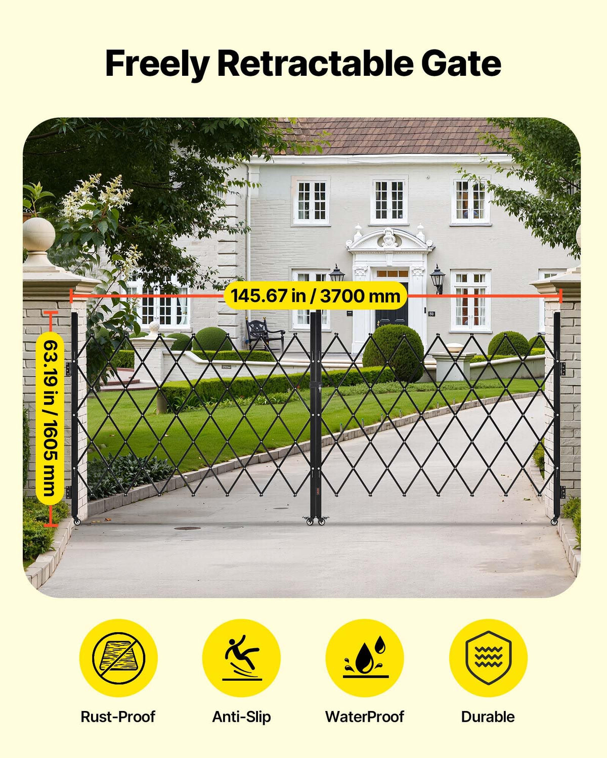 VEVOR Double Folding Security Gate, Lockable Scissor Gate with 360° Swivel Casters, Outdoor Barricade Steel Retractable Gates, for Entry Security, Garage, Warehouse & Pool, 145.67 x 63.19 in (W x H)