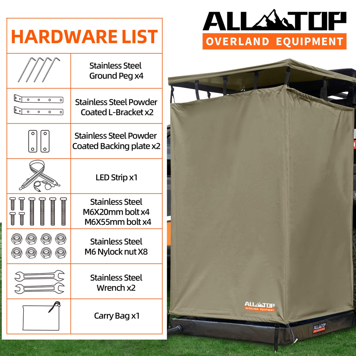 ALL-TOP Awning Shower Room w/Foldable Floor Mat, 3.3ft x 3.3ft, Privacy Shelter Restroom w/Roof, LED Light, Drain Pipe, Carside Bathroom