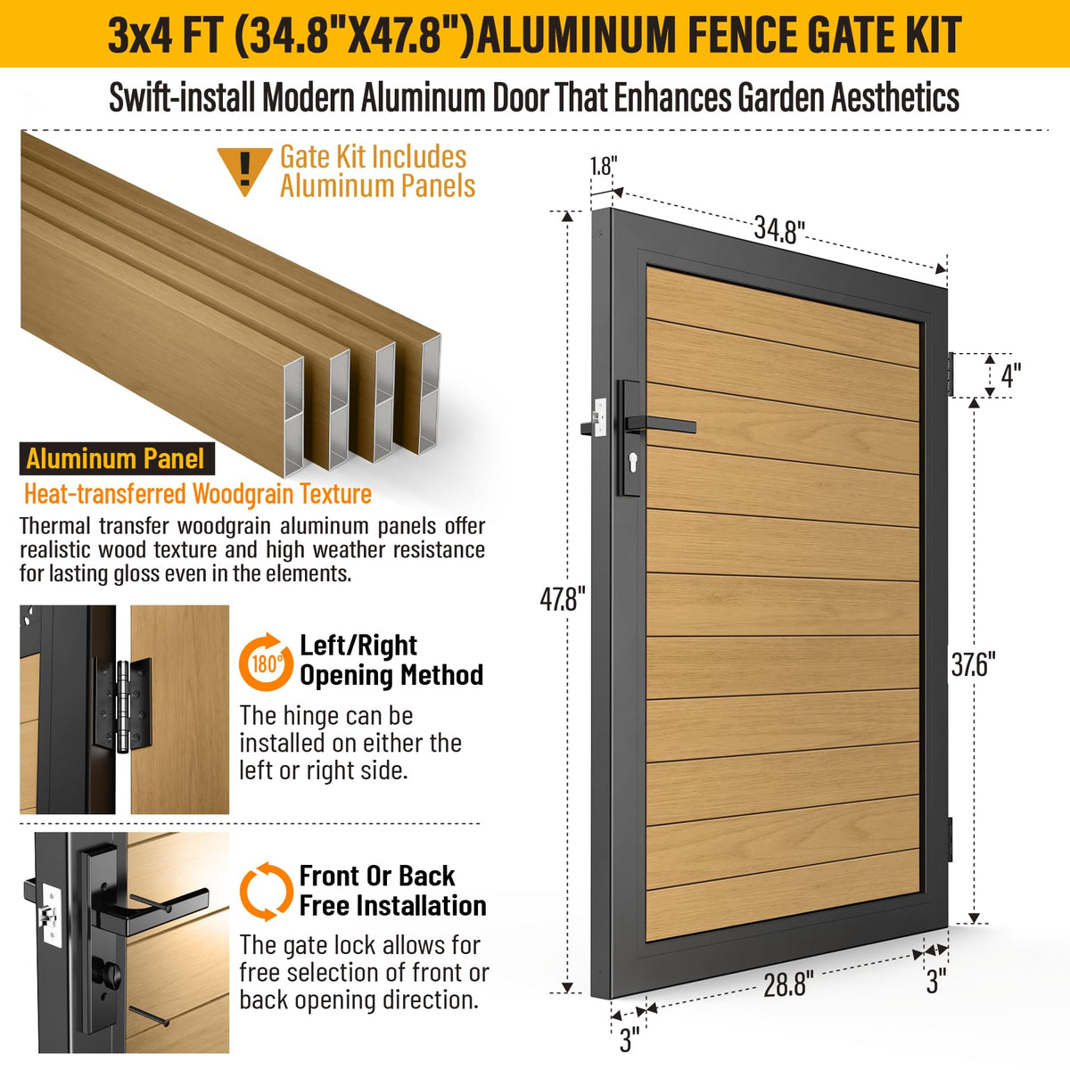 Brukid 3x4 FT Aluminum Fence Gate Kit Wood Grain Aluminum Gate with Decorative Cutout, Lock & Hinges, Left/Right Opening, Weather Resistant for Yard Garden Patio