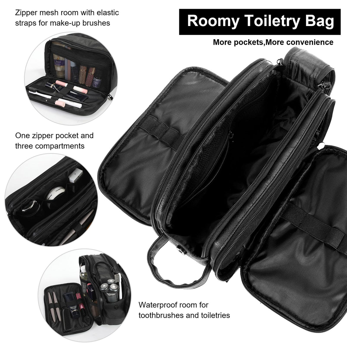 Ezday Toiletry Bag for Men and Women, Travel Essentials Shaving Dopp Kit, Travel Bag Toiletries Organizer Case for Grooming, PU Leather Water Resistant Cosmetic Bag Pouch (Black, Medium)