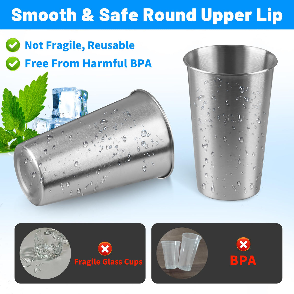 HAMILADUO 150Pack 16 oz Stainless Steel Pint Cups,Stainless Steel Cup,Pint Cup Tumbler，water Tumbler,Stackable,Reusable,BPA Free, (150)