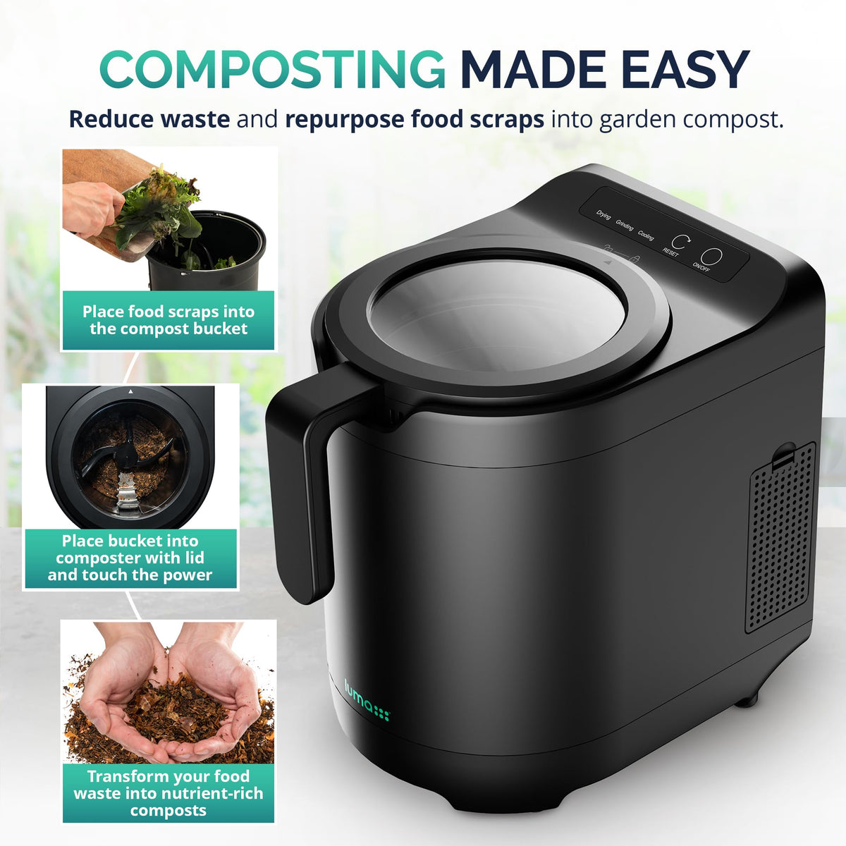 Luma® by Newair Electric Composter for Kitchen | 2.5L Odorless Kitchen Composter | Dishwasher Safe Indoor Compost Machine | 90% Volume Reduction in 3-6 Hours