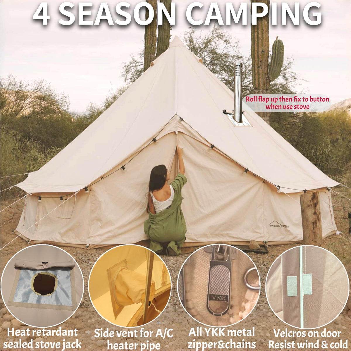 DANCHEL OUTDOOR B5PRO 4 Season Canvas Tent with Stove Jack Camping, Waterproof Bell Tent with AC Port Yurt All Year Living, Luxury Glamping for 4 Person Hunting Party, 13ft/4m