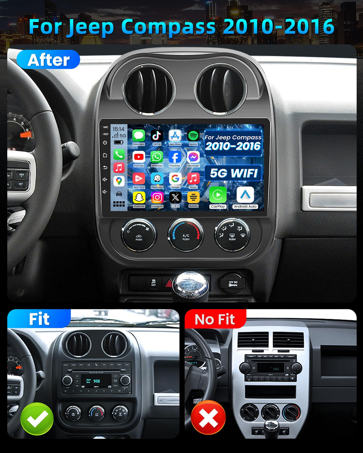 [4Core+64GB] Car Radio for Jeep Compass Patriot 2010-2016: 10'' 1280x800 IPS HD Touchscreen Head Unit Stereo with Wireless Carplay Android Auto 5GWiFi Bluetooth5.0 GPS FM SWC 1080 Backup Camera