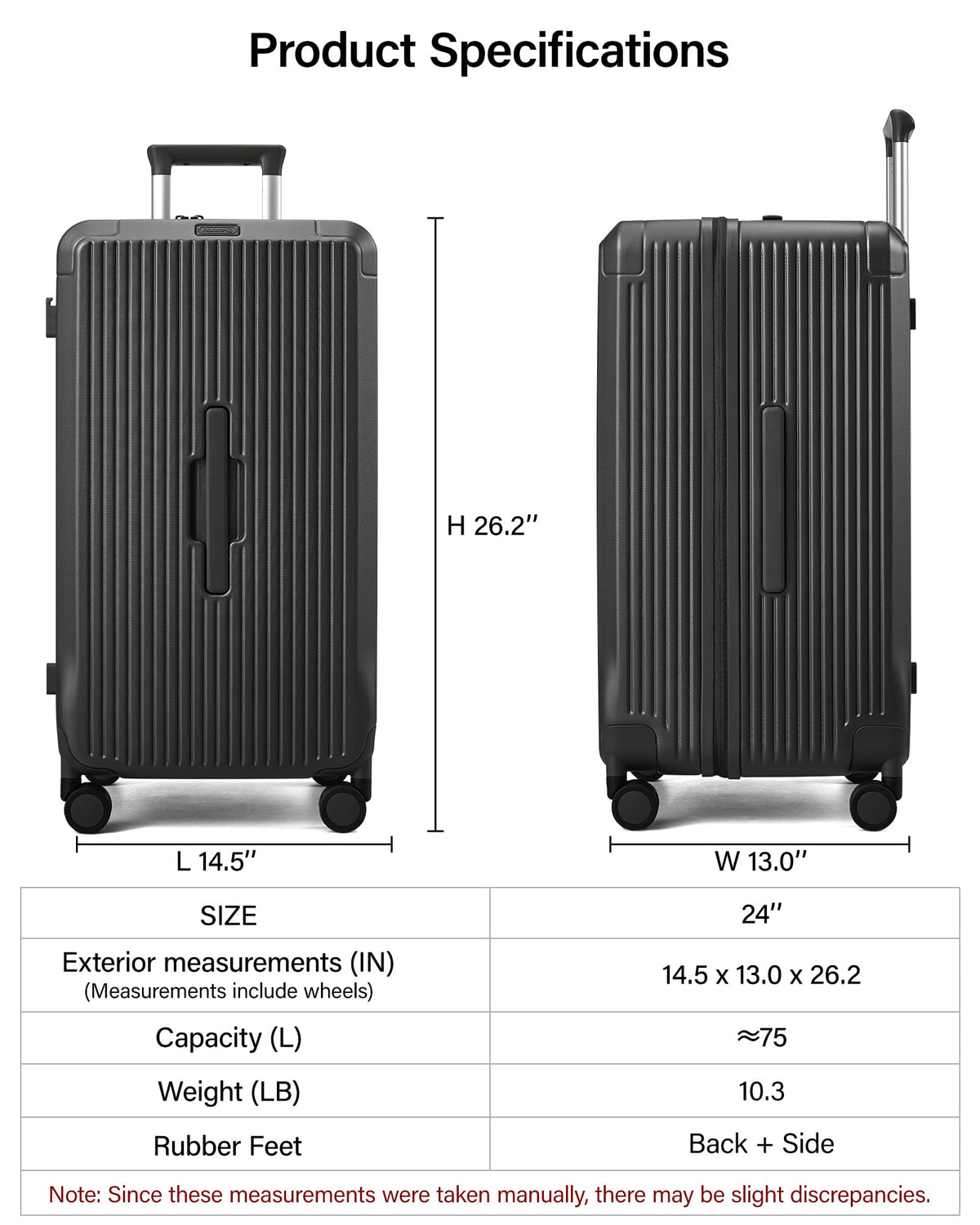 Hanke 24 Inch Checked Luggage, Large Capacity PC Hard shell Suitcase with 4:6 Deep Compartment, Fully Enclosed Interior, Spinner Wheels & TSA Lock for 7-10 day mid-length travel, Jet Black