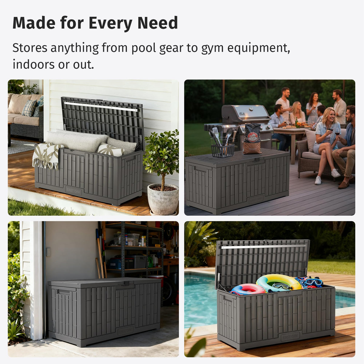 EAST OAK 120 Gallon Outdoor Storage Box | Large Resin Deck Box with Reinforced Stainless Steel Support | Waterproof & UV-Resistant Patio Storage Box for Cushions, Garden Tools & Pool Accessories, Grey